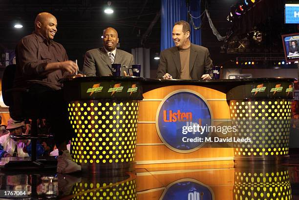 The TNT team of Charles Barkley, Kenny Smith and Ernie Johnson on the Jam Session studio set during the NBA All-Star Jam Session on February 6, 2003...