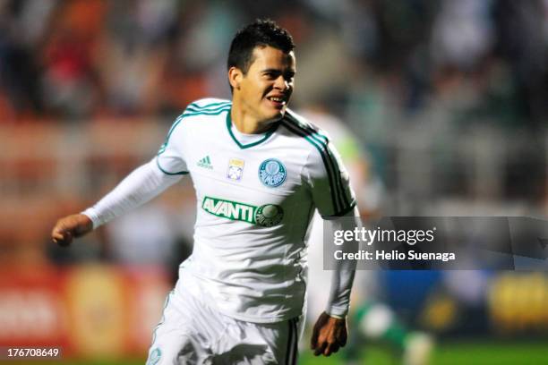 Mendieta of Palmeiras celebrates a scored goal during a match between Palmeiras and Paysandu as part of the Brazilian Championship Serie B 2013 at...