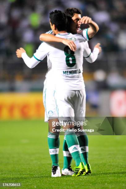 Mendieta of Palmeiras celebrates a scored goal during a match between Palmeiras and Paysandu as part of the Brazilian Championship Serie B 2013 at...