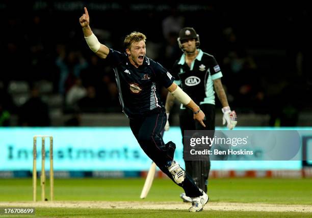 David Willey of Northamptonshire celebrates after taking the last wicket and getting a hat trick during The Friends Life T20 final between the Surrey...