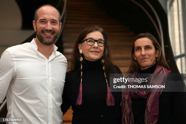 Laureates of the Prix Femina literary prize: French writer Hugo Micheron , US writer Louise Erdrich , and French writer Neige Sinno pose after the...