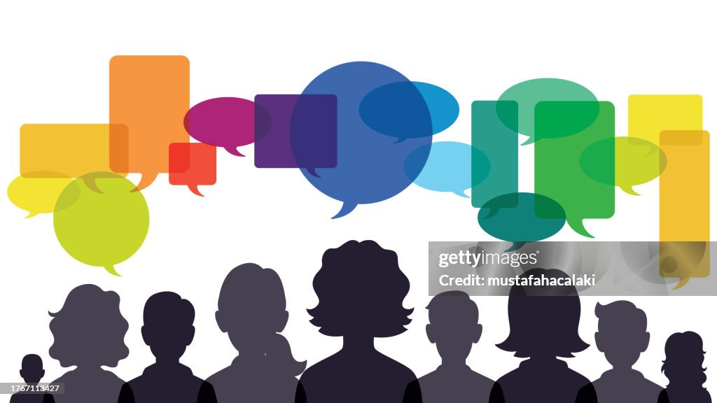 Group of head avatar silhouettes with colourful speech bubbles over their heads