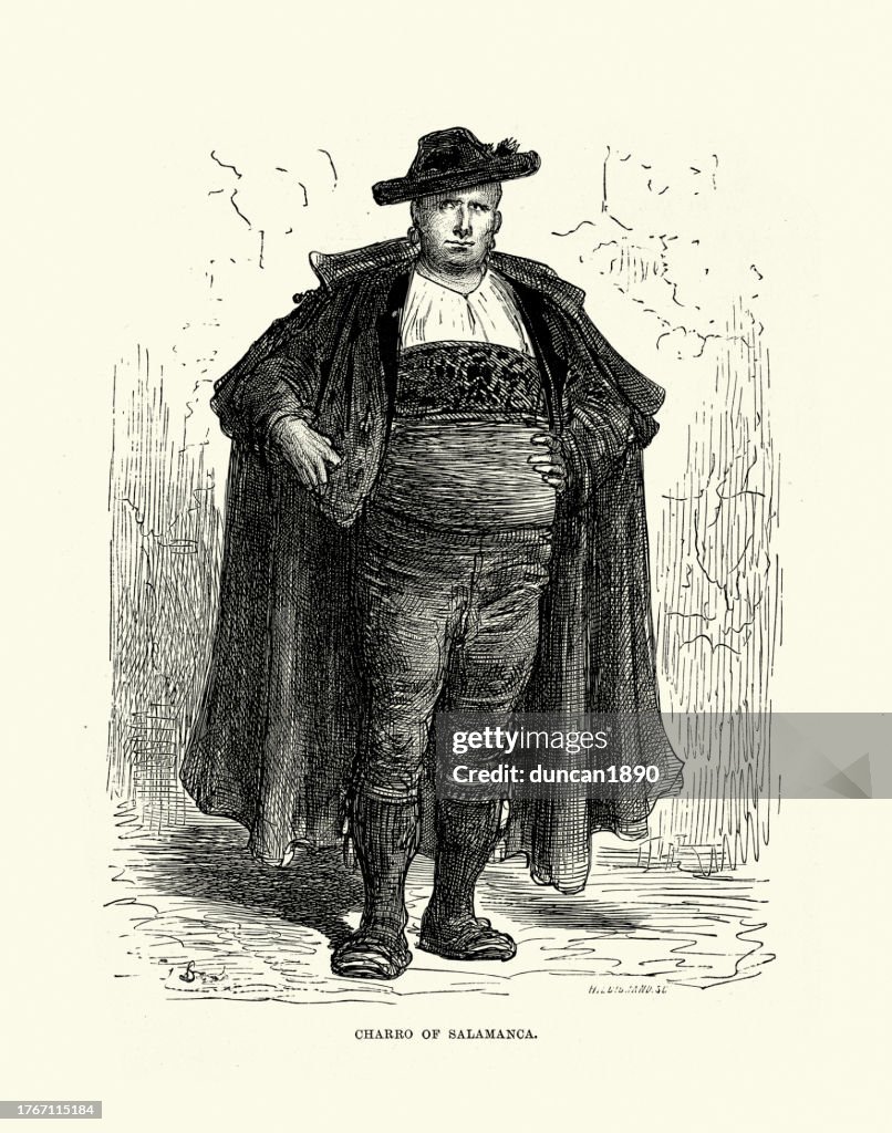 Charro of Salamanca, Tradtional Spanish fashion, Cummerbund, Cloak, history 19th Century, illustrated by Gustave Dore