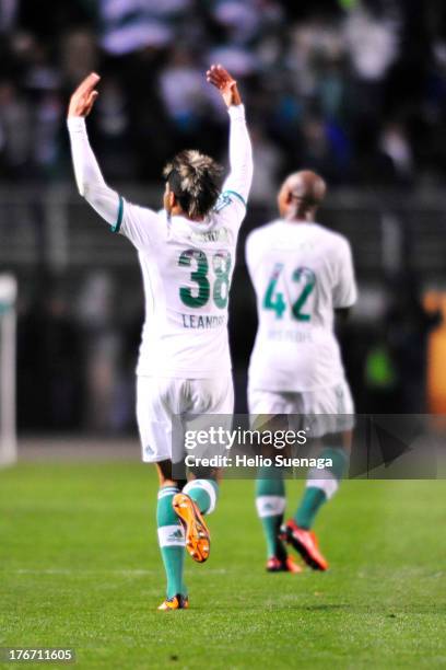 Leandro of Palmeiras celebrates a scored goal during a match between Palmeiras and Paysandu as part of the Brazilian Championship Serie B 2013 at...