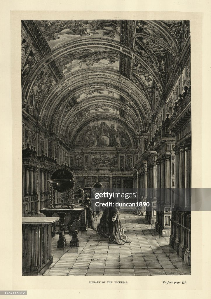 Library of the Escurial, Madrid, Spain, illustrated by Gustave Dore, Spanish history 19th Century