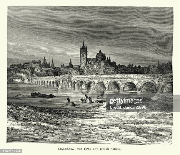 stockillustraties, clipart, cartoons en iconen met the town and roman bridge of salamanca, spanish, history 19th century, illustrated by gustave dore - salamanca