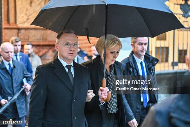 The president of Poland, Andrzej Duda and the first lady, Agata Duda exit the state funeral for the late Polish Holocaust survivor, Wanda Poltawska...