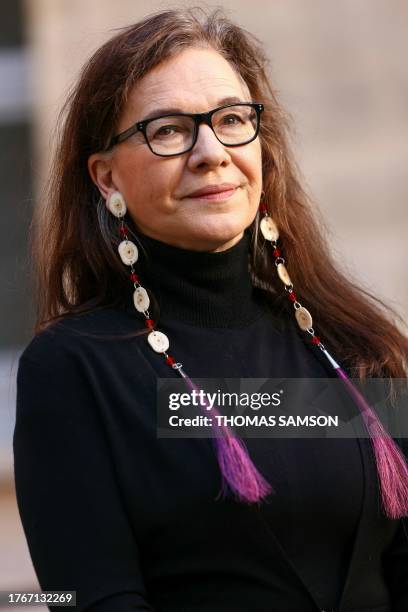 Laureate of the Prix Femina literary prize for a foreign novel, US writer Louise Erdrich, poses after the award ceremony in Paris on November 6,...