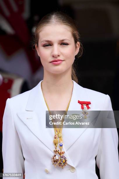 Crown Princess Leonor of Spain watches a military parade afer the ceremony of Crown Princess Leonor swearing allegiance to the Spanish constitution...