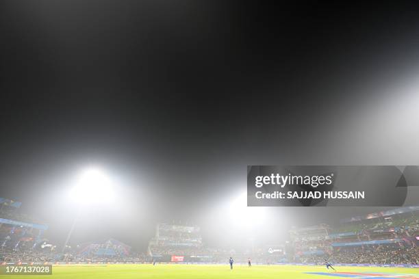 View of the Arun Jaitley Stadium is pictured amid smoggy conditions in New Delhi on November 6 during the 2023 ICC Men's Cricket World Cup one-day...