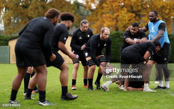 Alun Wyn Jones of Barbarians carries a ball out of the ruck during Barbarians training at Sophia Gardens on October 31, 2023 in Cardiff, Wales. The...