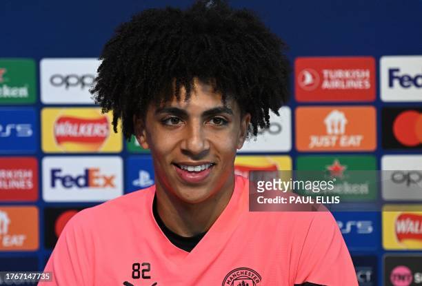 Manchester City's English defender Rico Lewis attends a press conference at Manchester City's training ground in north-west England on November 6...