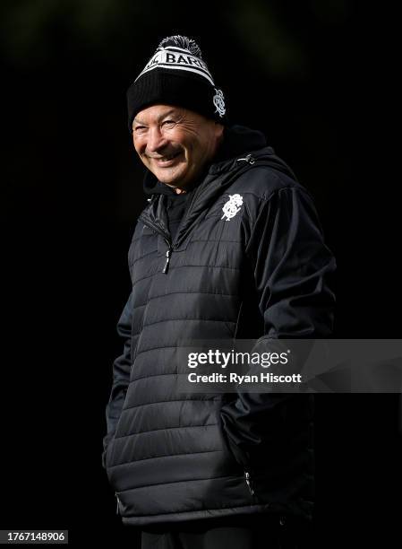 Eddie Jones, Head Coach of Barbarians, smiles during Barbarians training at Sophia Gardens on October 31, 2023 in Cardiff, Wales. The Barbarians play...