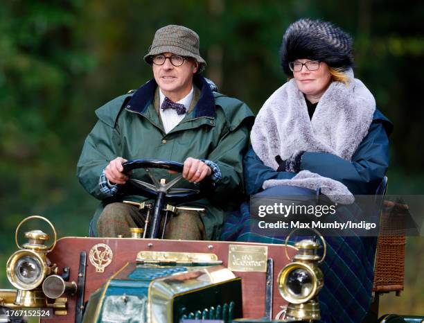 Participants seen driving a 1901 Gladiator during the annual London to Brighton Veteran Car Run on November 5, 2023 in Staplefield, West Sussex,...