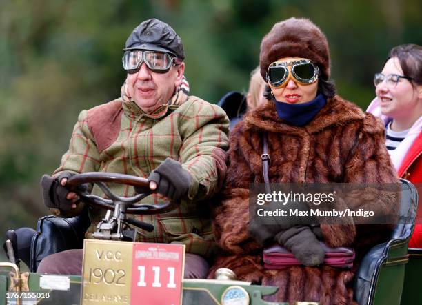 Participants seen driving a 1902 Delahaye during the annual London to Brighton Veteran Car Run on November 5, 2023 in Staplefield, West Sussex,...