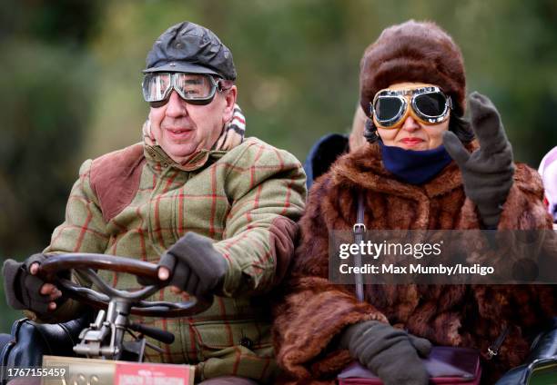 Participants seen driving a 1902 Delahaye during the annual London to Brighton Veteran Car Run on November 5, 2023 in Staplefield, West Sussex,...