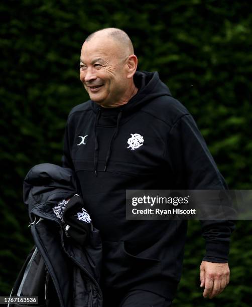 Eddie Jones, Head Coach of Barbarians, arrives prior to Barbarians training at Sophia Gardens on October 31, 2023 in Cardiff, Wales. The Barbarians...