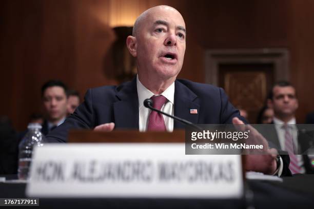 Homeland Security Secretary Alejandro Mayorkas testifies before the Senate Homeland Security and Governmental Affairs Committee October 31, 2023 in...