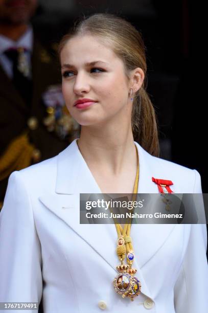 Crown Princess Leonor of Spain watches a military parade afer the ceremony of Crown Princess Leonor swearing allegiance to the Spanish constitution...