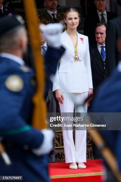 Crown Princess Leonor of Spain watches a military parade afer the ceremony of Crown Princess Leonor swearing allegiance to the Spanish constitution...