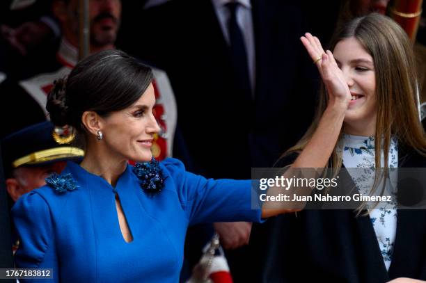 Queen Letizia of Spain and Princess Sofia of Spain watch a military parade after the ceremony of Crown Princess Leonor swearing allegiance to the...