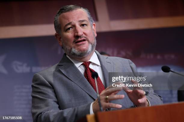 Sen. Ted Cruz speaks at a press conference on the southern border at the U.S. Capitol on October 31, 2023 in Washington, DC. A group of Republican...