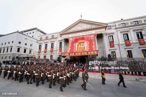 Military parade in front of the representatives of the Cortes Generales of the State during the act of swearing in of the Constitution before the...