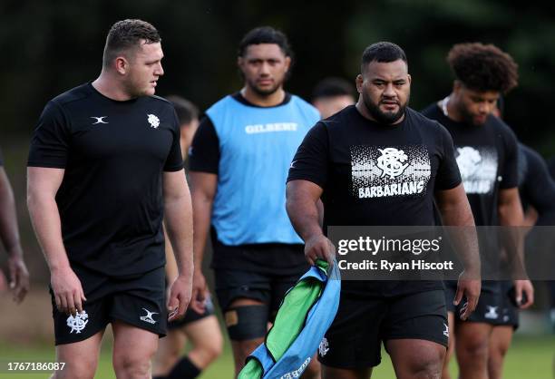 Angus Bell and Taniela Tupou of Barbarians look on during Barbarians training at Sophia Gardens on October 31, 2023 in Cardiff, Wales. The Barbarians...