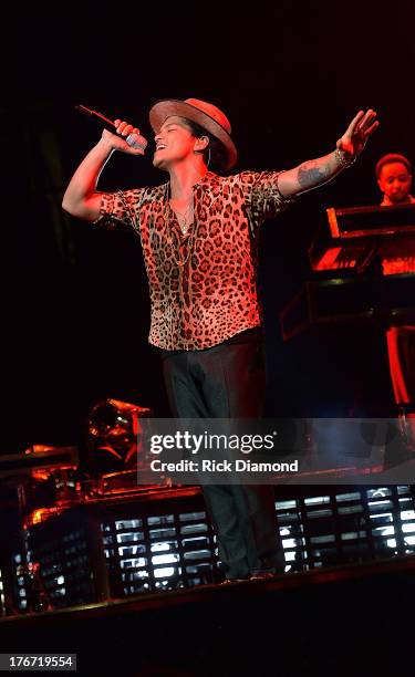 Bruno Mars performs at Bridgestone Arena on August 17, 2013 in Nashville, Tennessee.