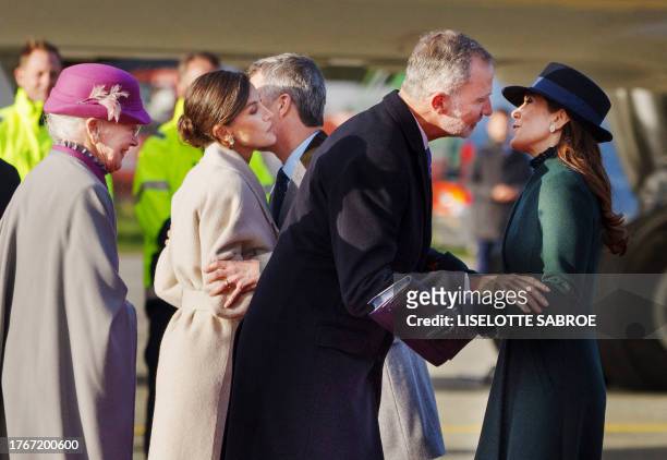 Queen Margrethe II of Denmark looks on as Queen Letizia of Spain, Crown Prince Frederik of Denmark, King Felipe of Spain and Crown Princess Mary of...