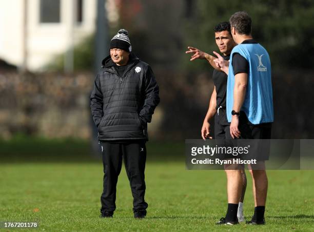 Eddie Jones, Head Coach of Barbarians, looks on during Barbarians training at Sophia Gardens on October 31, 2023 in Cardiff, Wales. The Barbarians...