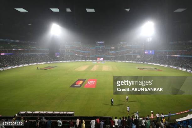 View of the Arun Jaitley Stadium is pictured amid smoggy conditions in New Delhi on November 6 during the 2023 ICC Men's Cricket World Cup one-day...