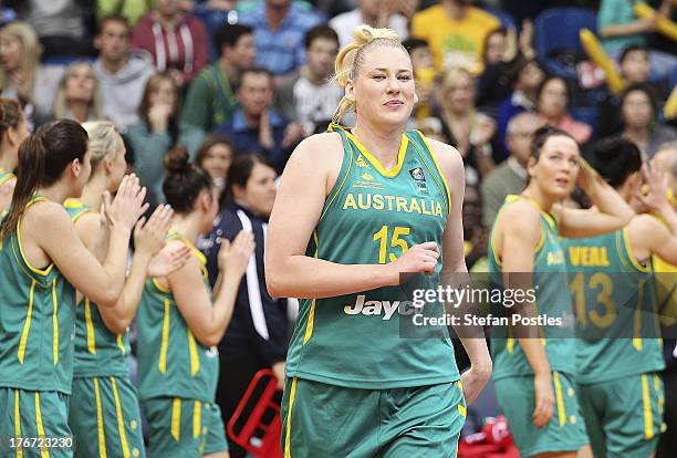 Lauren Jackson of the Opals reacts after winning the Women's FIBA Oceania Championship match between the Australian Opals and the New Zealand Tall...