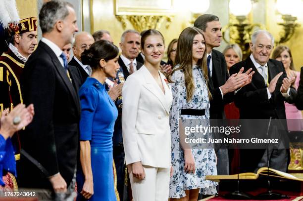 King Felipe VI of Spain, Queen Letizia of Spain, Princess Leonor of Spain and Princess Sofia of Spain are seen arriving to swear allegiance to the...