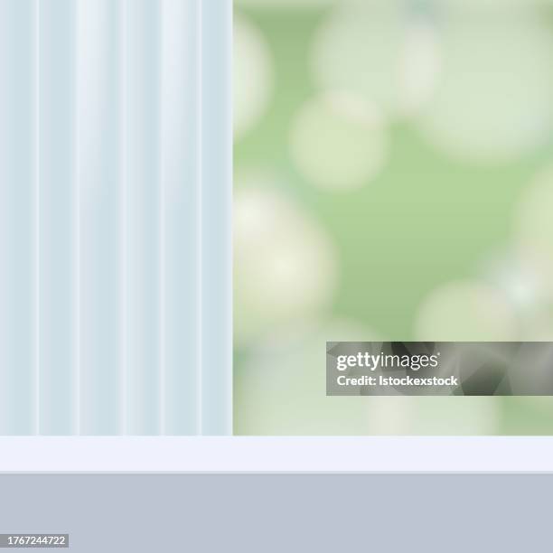 3d background with desk and curtain in green background . - balcony stock illustrations
