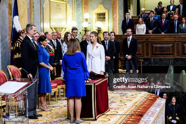 Crown Princess Leonor of Spain swears allegiance to the Spanish constitution at the Spanish Parliament on the day of her 18th birthday on October 31,...