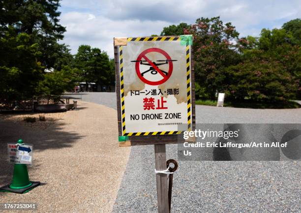 No drone zone warning sign in Kyoto botanical garden, Kansai region, Kyoto, Japan on August 18, 2023 in Kyoto, Japan.