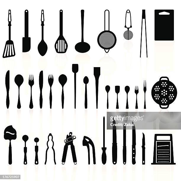 kitchen utensils silhouette pack 2 - cooking tools - bread knife stock illustrations