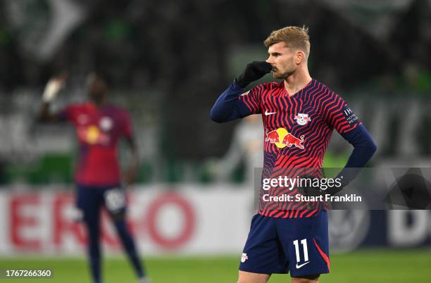 Timo Werner of RB Leipzig reacts during the DFB cup second round match between VfL Wolfsburg and RB Leipzig at Volkswagen Arena on October 31, 2023...