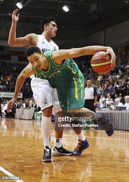 Ben Simmons of the Boomers drives the ball to the basket during the Men's FIBA Oceania Championship match between the Australian Boomers and the New...