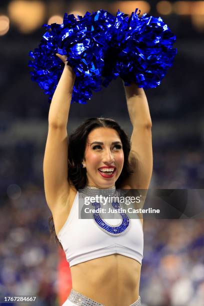 Indianapolis Colts cheerleader performs in the game against the New Orleans Saints at Lucas Oil Stadium on October 29, 2023 in Indianapolis, Indiana.