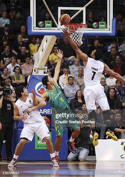 Mika Vukona of the Tall Blacks shoots during the Men's FIBA Oceania Championship match between the Australian Boomers and the New Zealand Tall Blacks...