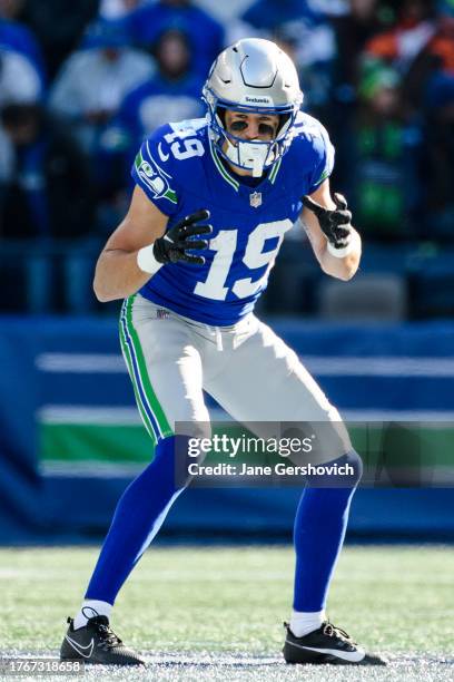 Jake Bobo of the Seattle Seahawks looks on during the second quarter of the game against the Cleveland Browns at Lumen Field on October 29, 2023 in...