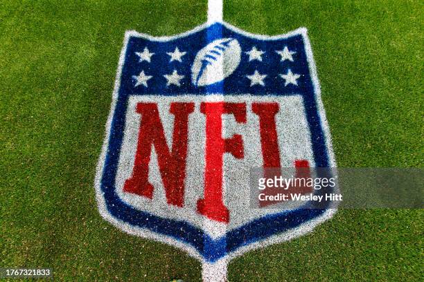 Logo on the field before the game between the Tennessee Titans and the Atlanta Falcons at Nissan Stadium on October 29, 2023 in Nashville, Tennessee....