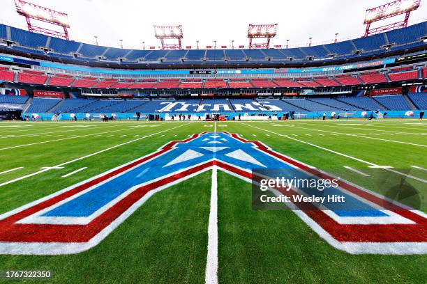 Houston Oilers logos inside the stadium of the Tennessee Titans before the game against the Atlanta Falcons at Nissan Stadium on October 29, 2023 in...