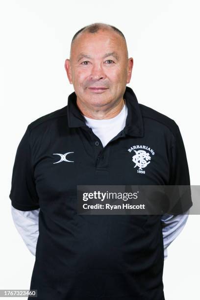 Eddie Jones, Head Coach of the Barbarians, poses for a portrait during the Barbarians squad photocall at Hilton Hotel Cardiff on October 31, 2023 in...