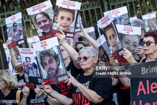 Friends and relatives of Israeli hostages abducted by Palestinian militants on the October 7 attack and currently held in the Gaza Strip hold...