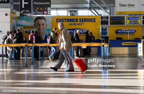 The customer service desk for Ryanair Holdings Plc in the terminal building at London Stansted Airport, operated by Manchester Airport Plc, in...