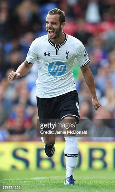 Roberto Soldado of Tottenham Hotspur celebrates scoring from the penalty spot during the Barclays Premier League match between Crystal Palace and...