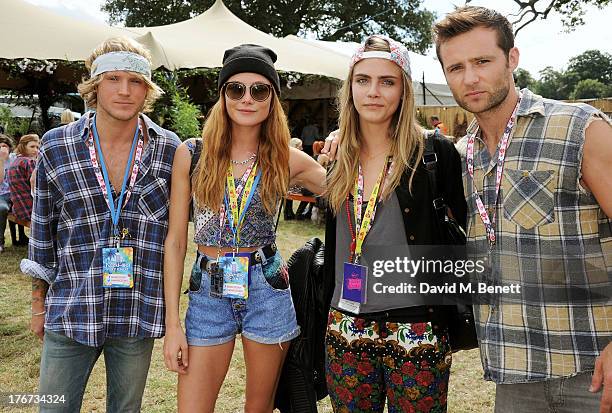 Dougie Poynter, Clara Paget, Cara Delevingne and Harry Judd attend the Mahiki Coconut Backstage Bar during day 2 of V Festival 2013 at Hylands Park...